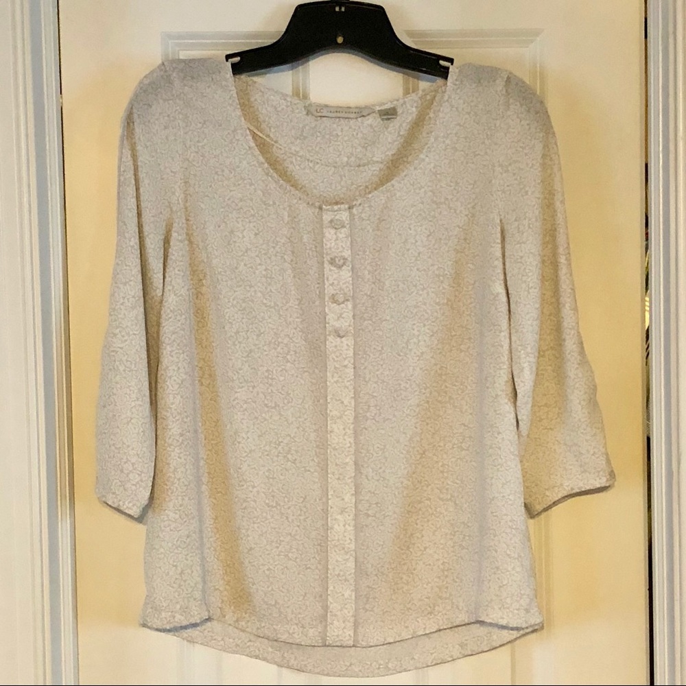 Gray/white floral print blouse with embellishments